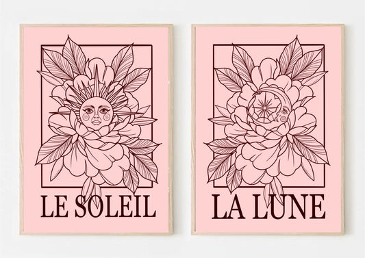 Cute Tattoo Style Minimalist Sun and Moon Art Prints