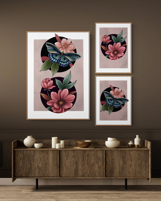 Tattoo Style Cute Butterfly and Flower Print