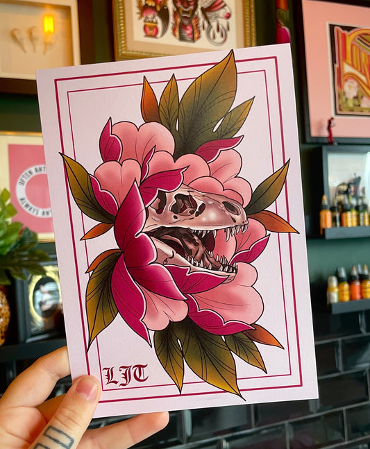 Dinosaur Peony Artwork Tattoo Style Print Of Floral Dino