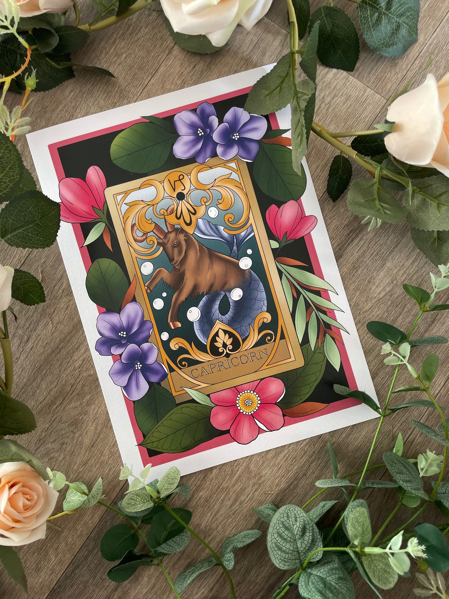 Zodiac Capricorn Tarot Card Neo Traditional Print Tattoo Style Star Sign Illustration