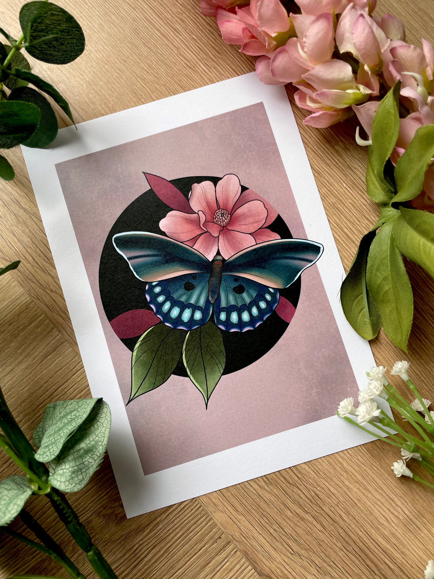 Tattoo Style Cute Butterfly and Flower Print