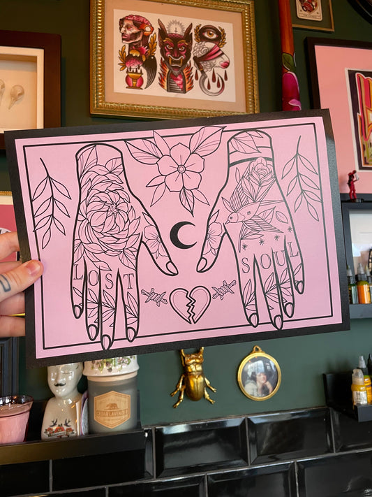 Classic Tattoo Style Hand Print Swallow and Rose Tattoo Flash