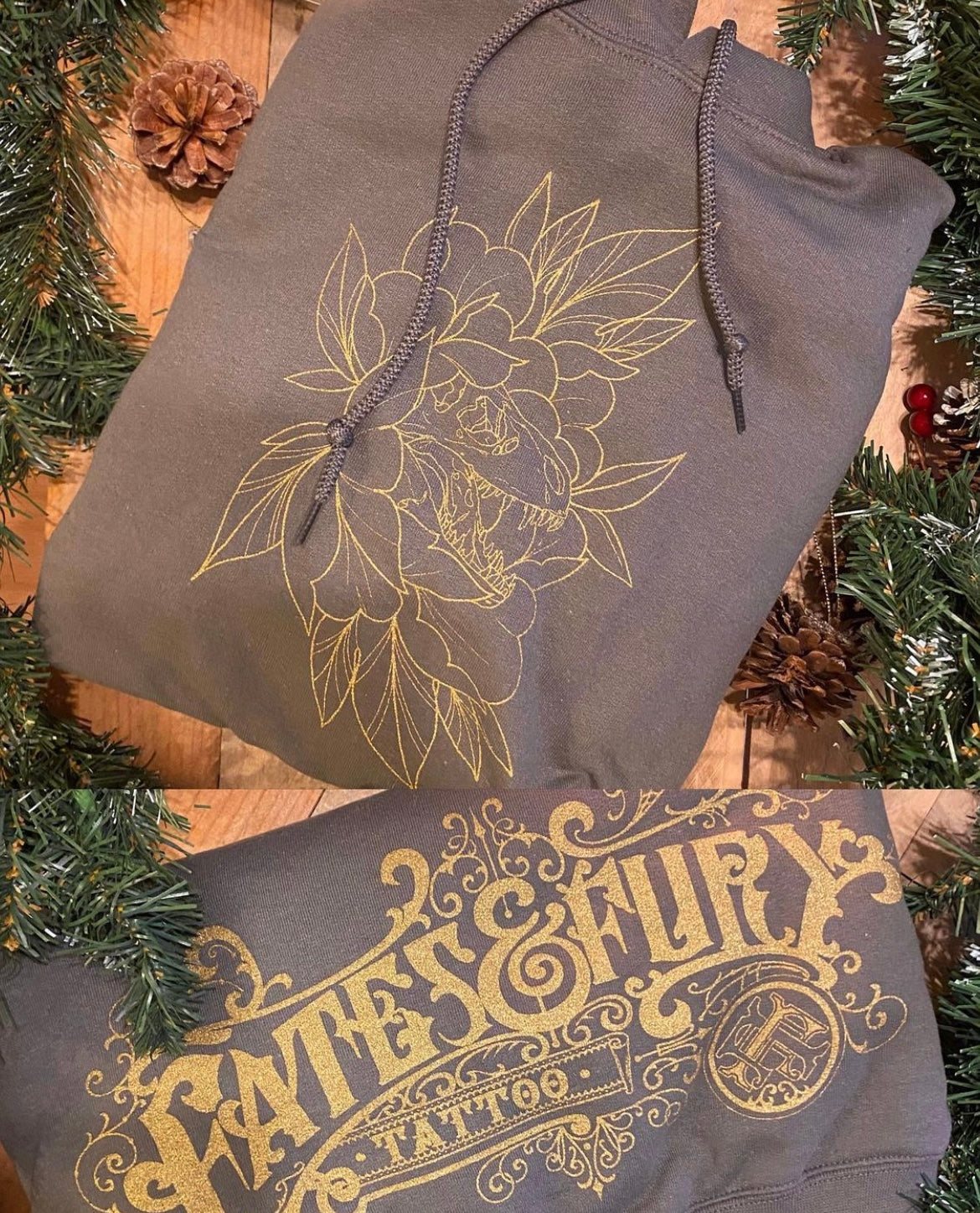 Dino Peony Tattoo Cozy Hoodie Tattoo Style Clothing