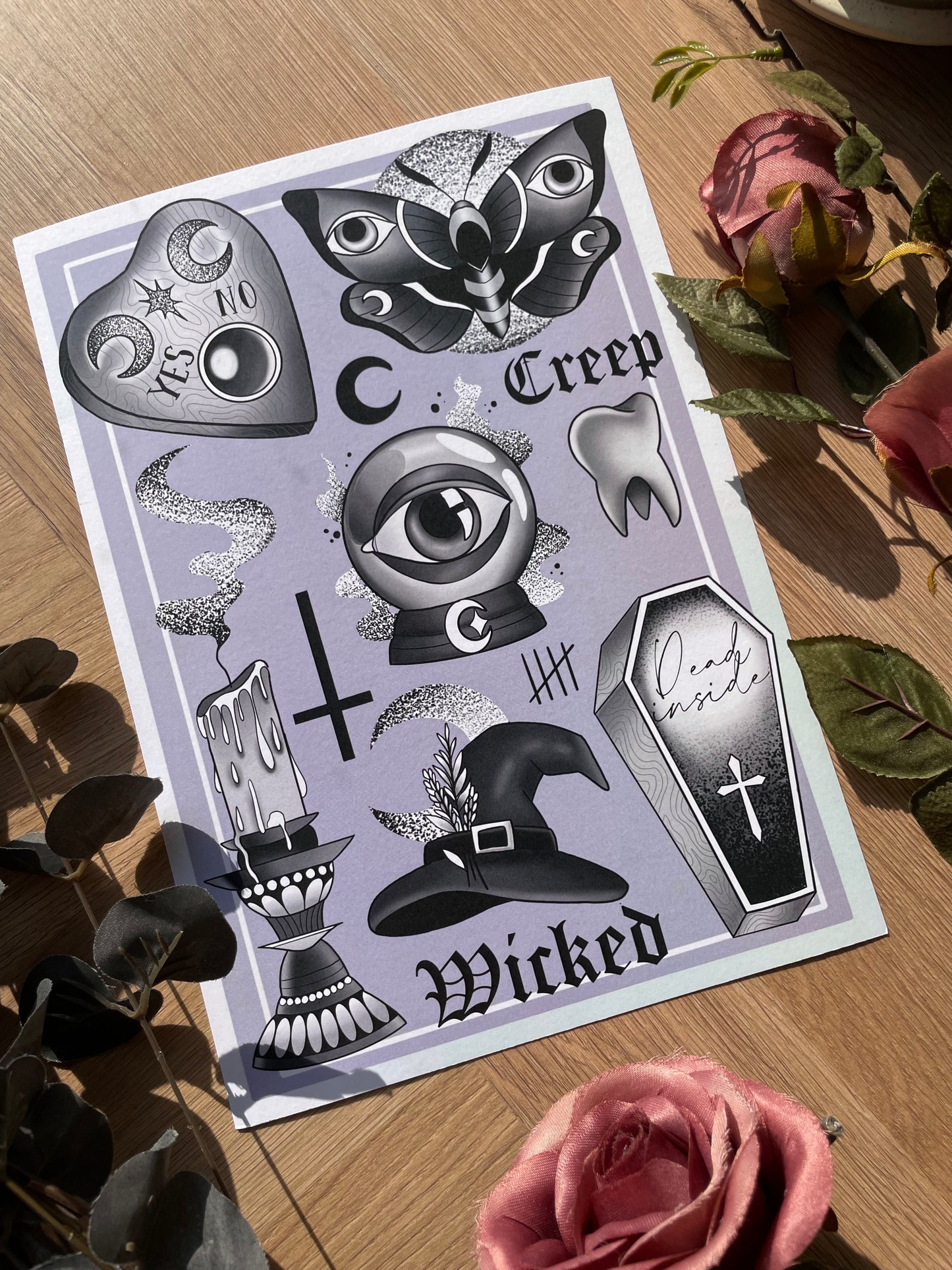 Halloween Tattoo Flash Sheet Spooky Witch Illustrations Print