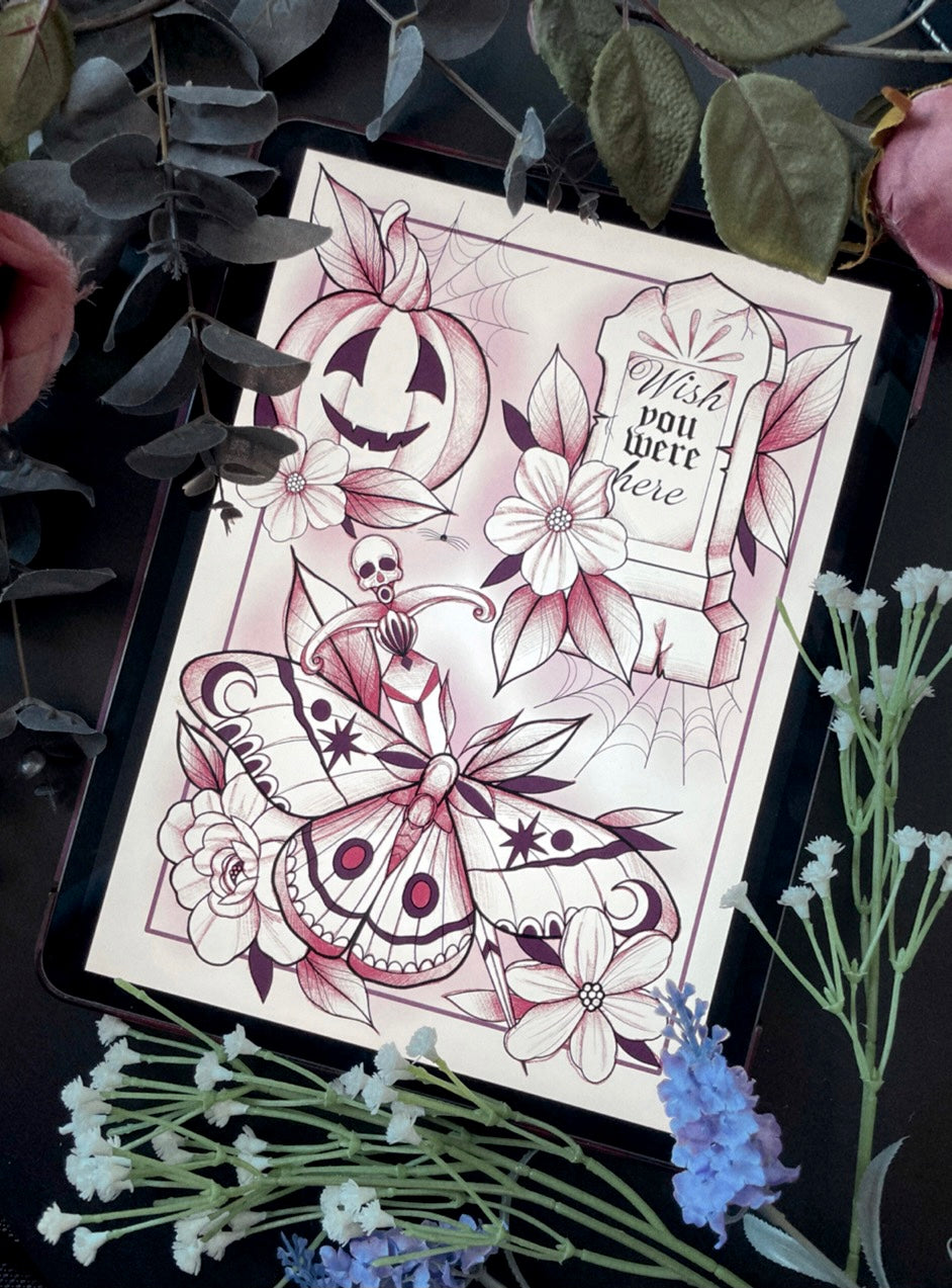 Tattoo Style Flash Sheet Spooky Halloween Print