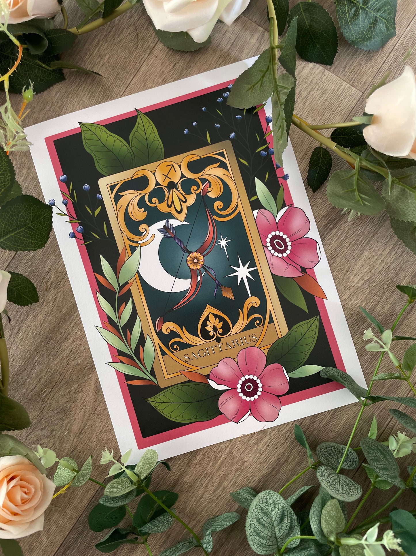 Zodiac Sagittarius Tarot Card Neo Traditional Print Tattoo Style Star Sign Illustration