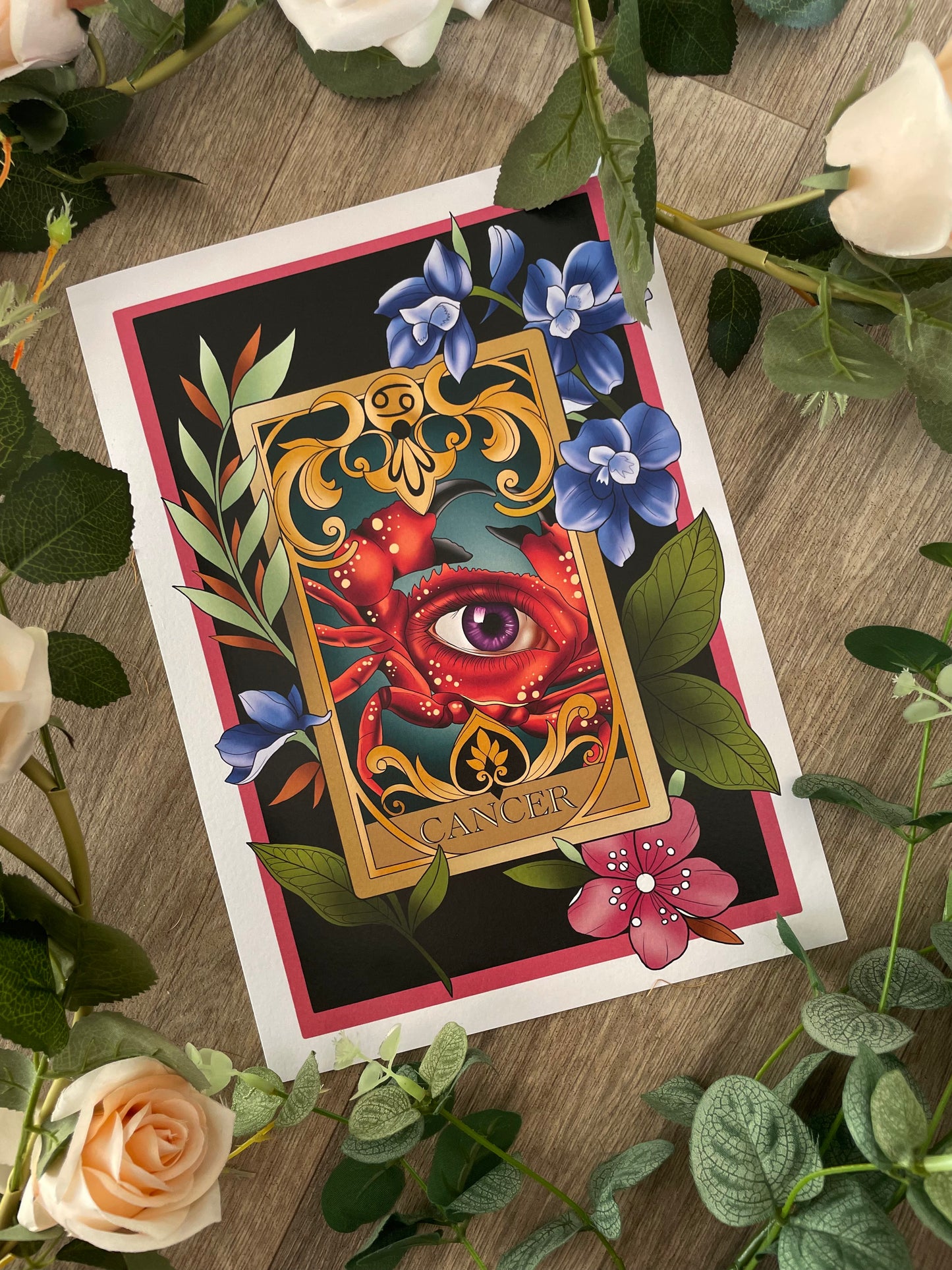 Zodiac Cancer Tarot Card Neo Traditional Print Tattoo Style Star Sign Illustration