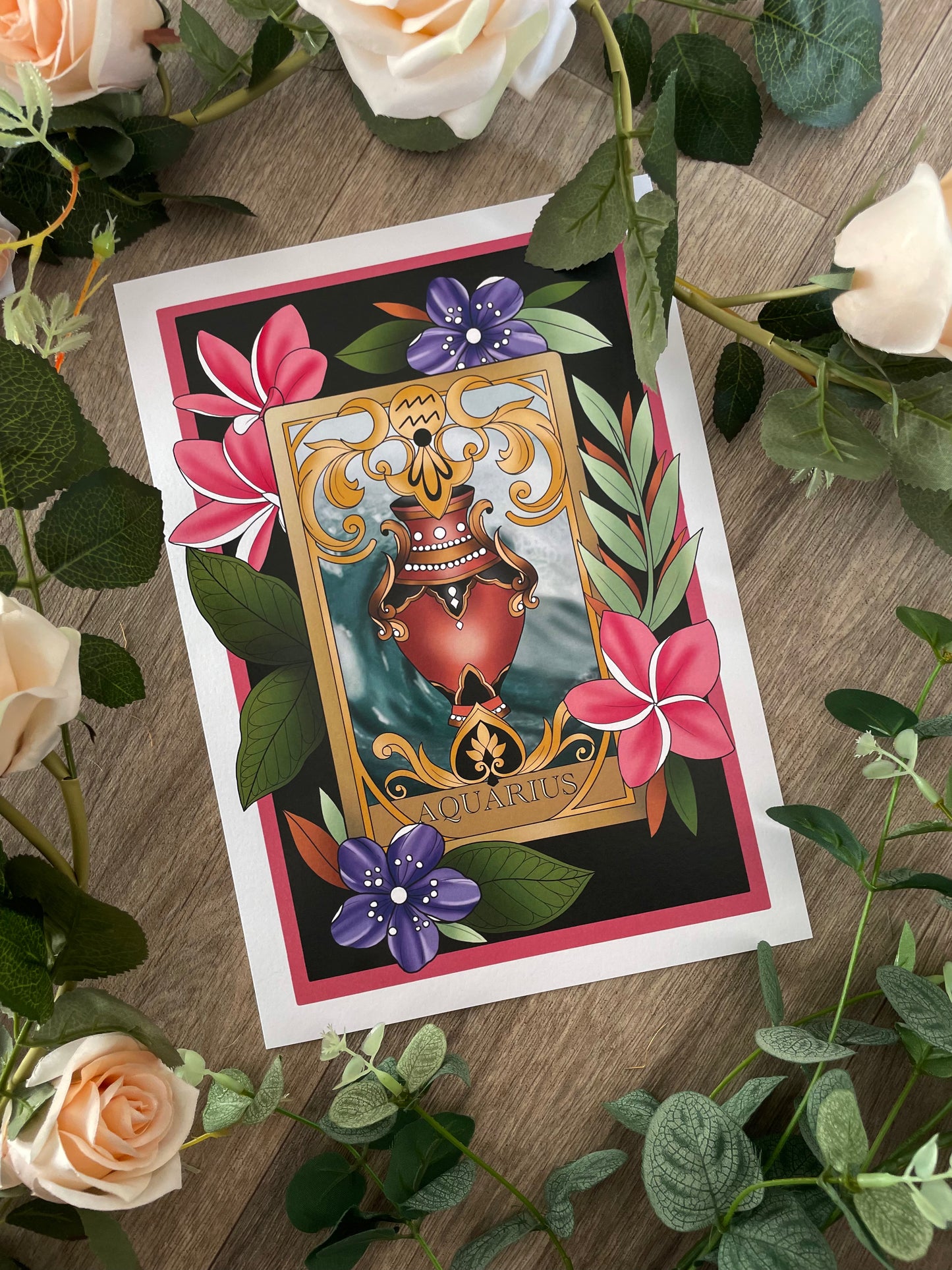 Zodiac Aquarius Tarot Card Neo Traditional Print Tattoo Style Star Sign Illustration