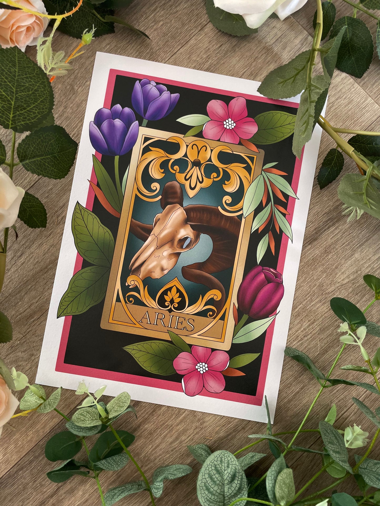Zodiac Aries Tarot Card Neo Traditional Print Tattoo Style Star Sign Illustration