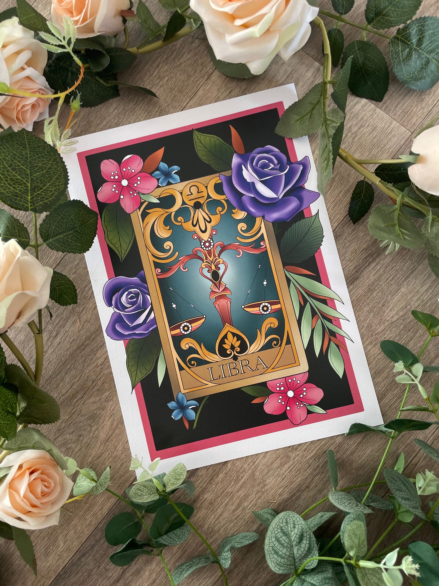 Zodiac Libra Tarot Card Neo Traditional Print Tattoo Style Star Sign Illustration