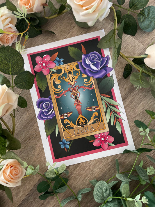 Zodiac Libra Tarot Card Neo Traditional Print Tattoo Style Star Sign Illustration