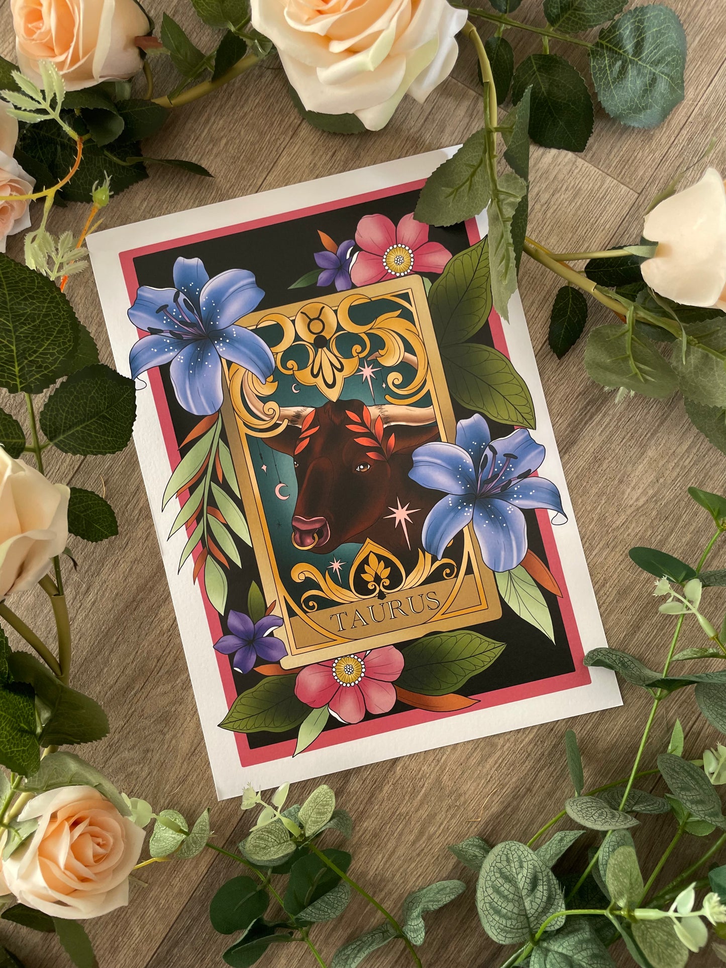 Zodiac Taurus Tarot Card Neo Traditional Print Tattoo Style Star Sign Illustration