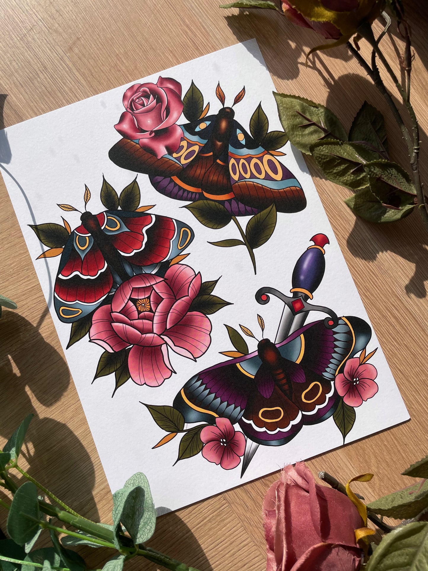 Cute Tattoo Style Moths Flash Sheet Illustrations Print