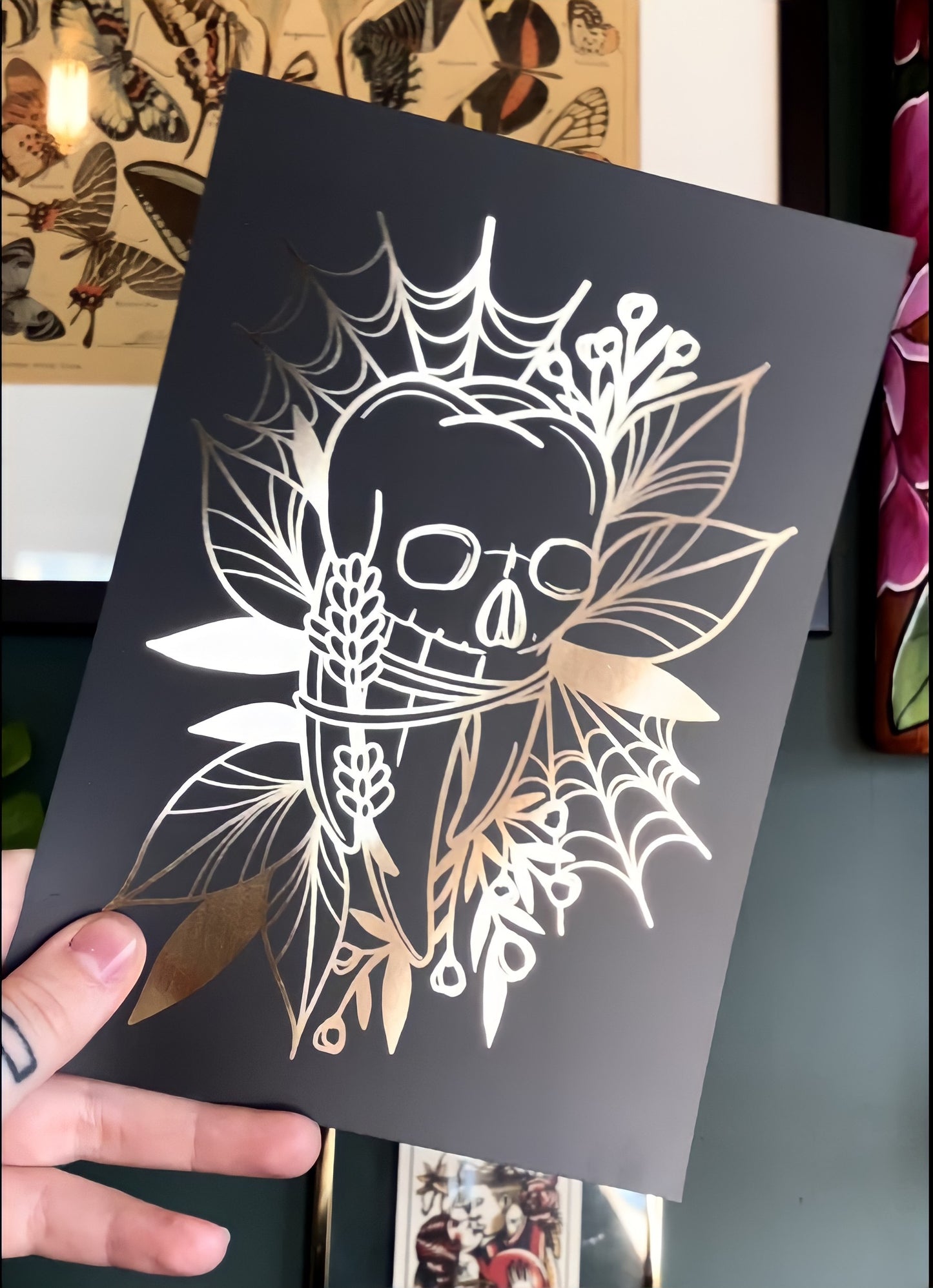Skull Tooth Tattoo Style Shiny Print Gold Foil Teeth Illustration