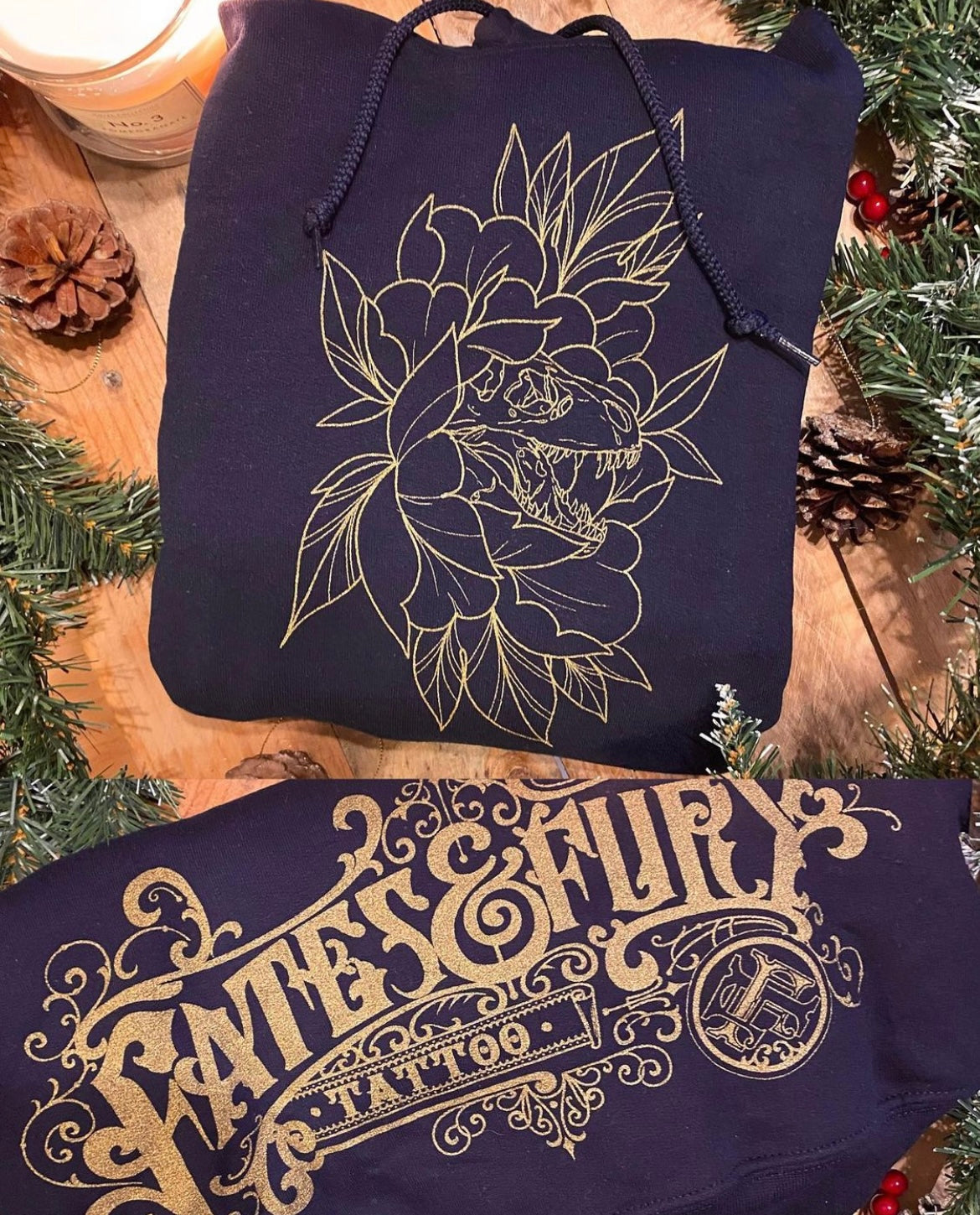Dino Peony Tattoo Cozy Hoodie Tattoo Style Clothing
