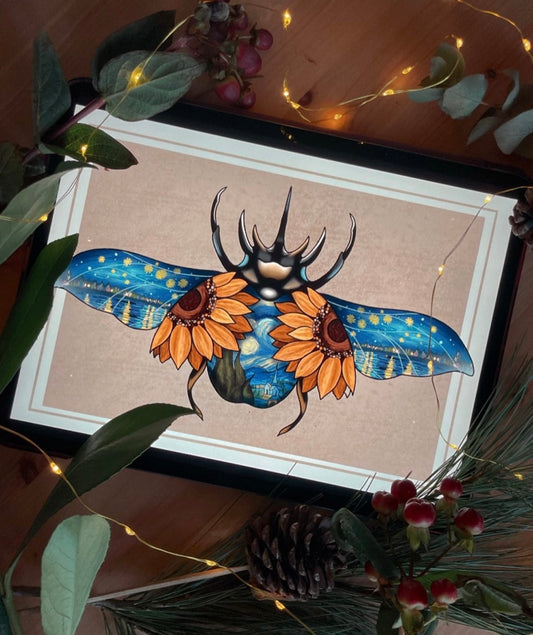 Tattoo Style Vincent Van Gogh Beetle Print Classic Artwork Starry Night Illustration