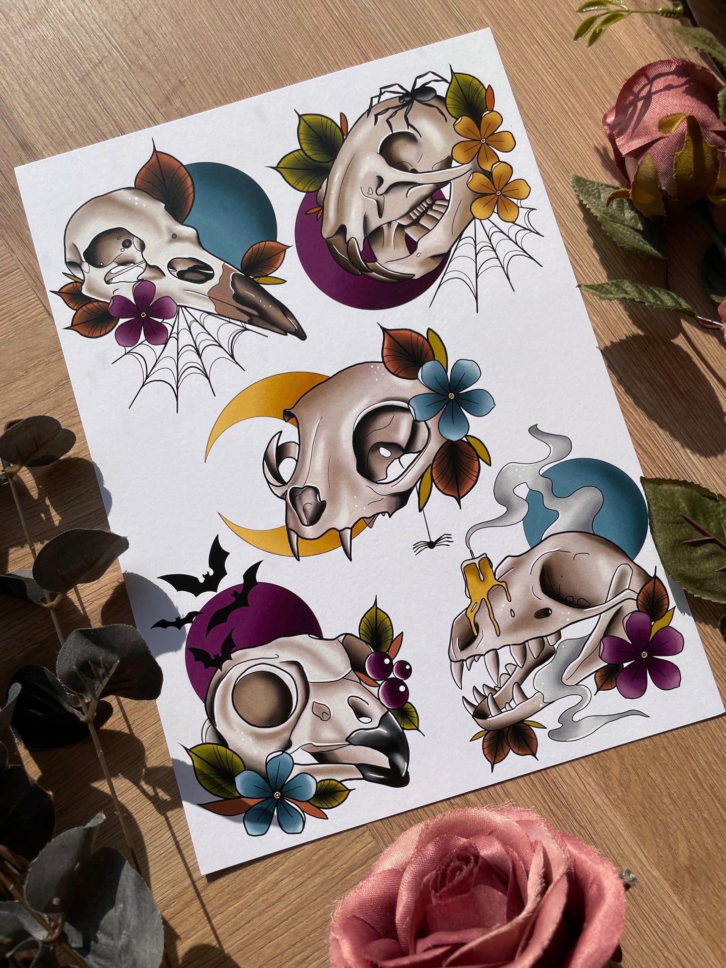 Spooky Skulls Cute Tattoo Flash Sheet Illustrations Print
