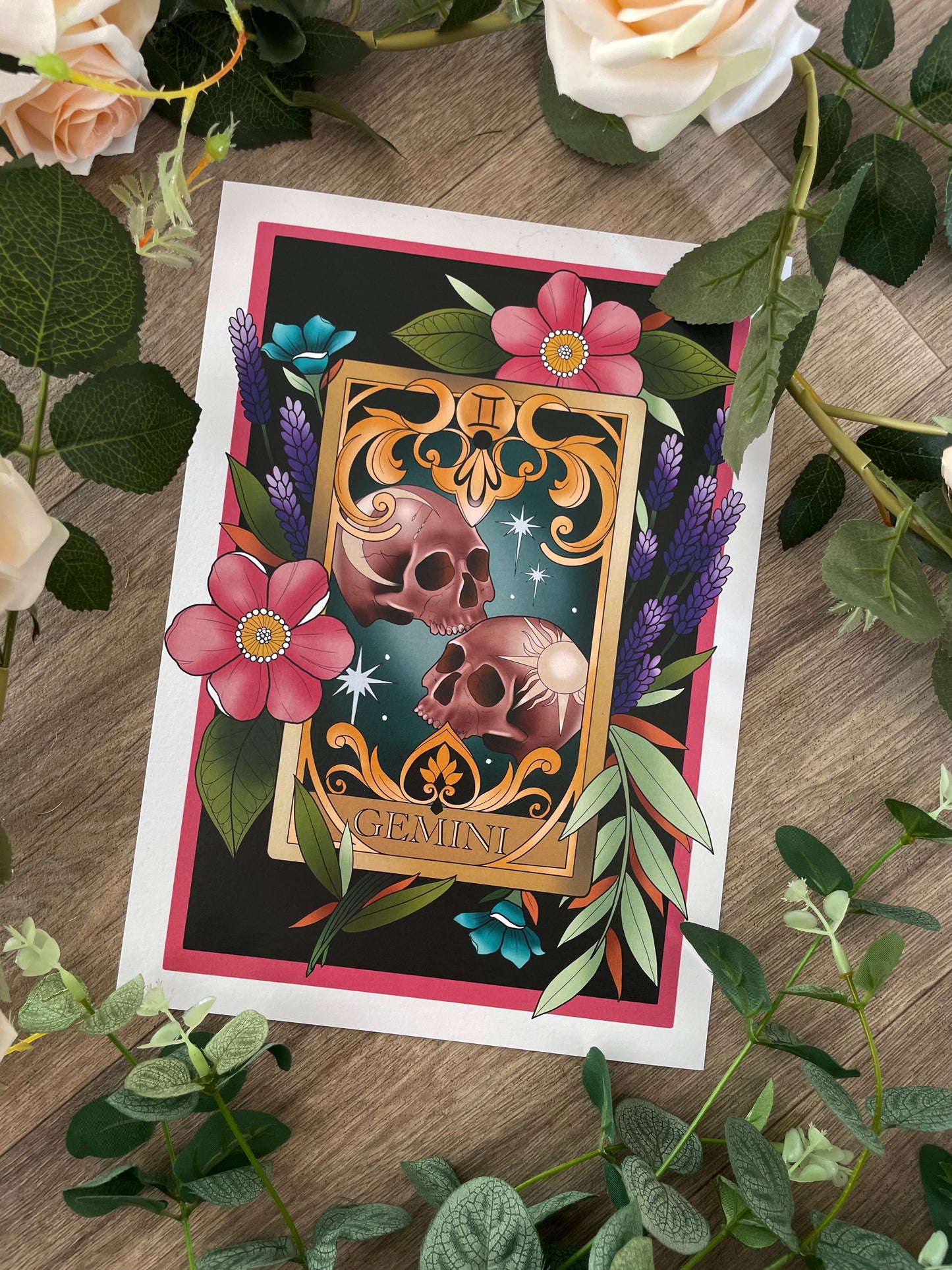 Zodiac Gemini Tarot Card Neo Traditional Print Tattoo Style Star Sign Illustration
