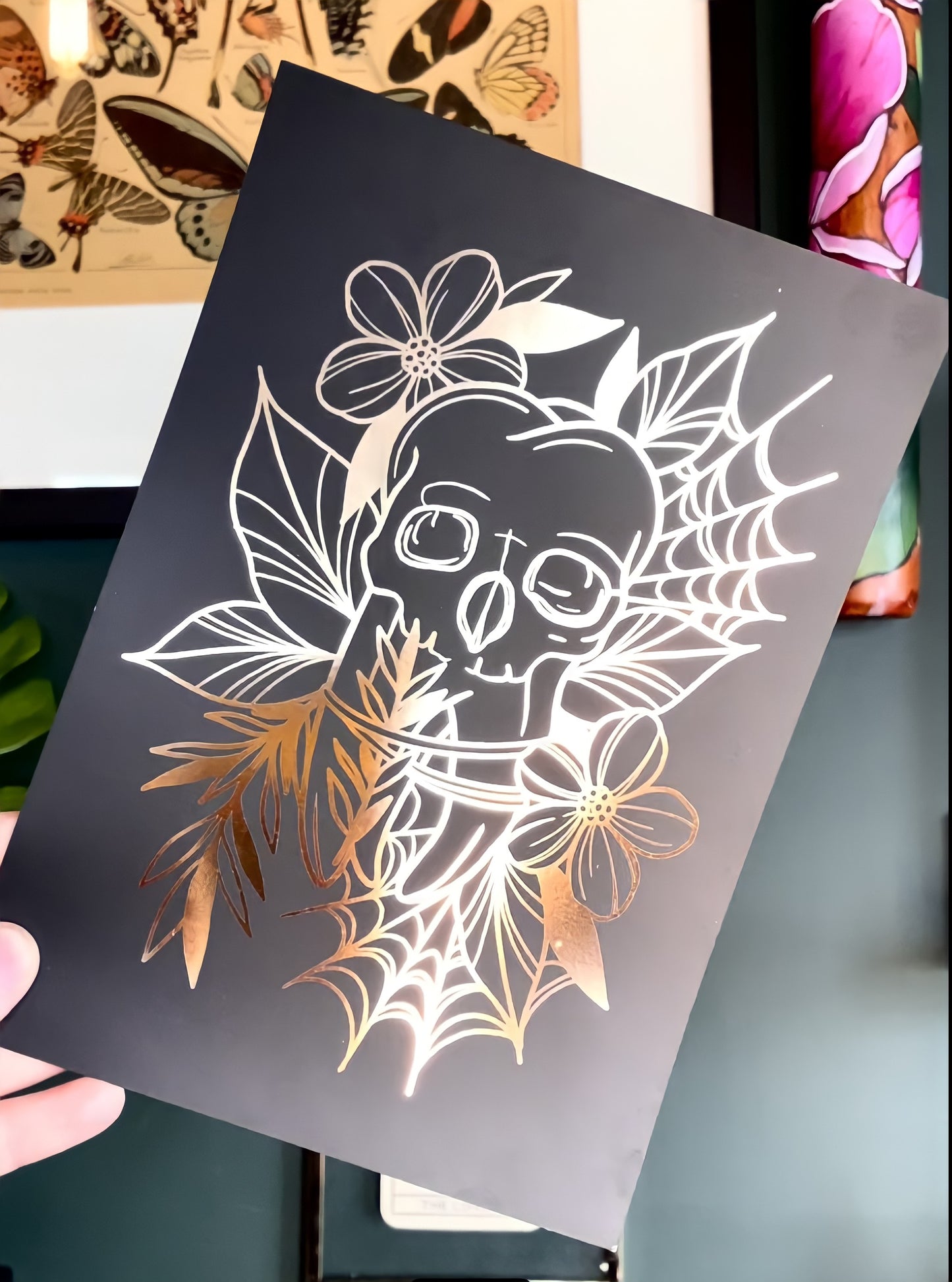 Skull Tooth Tattoo Style Shiny Print Gold Foil Teeth Illustration
