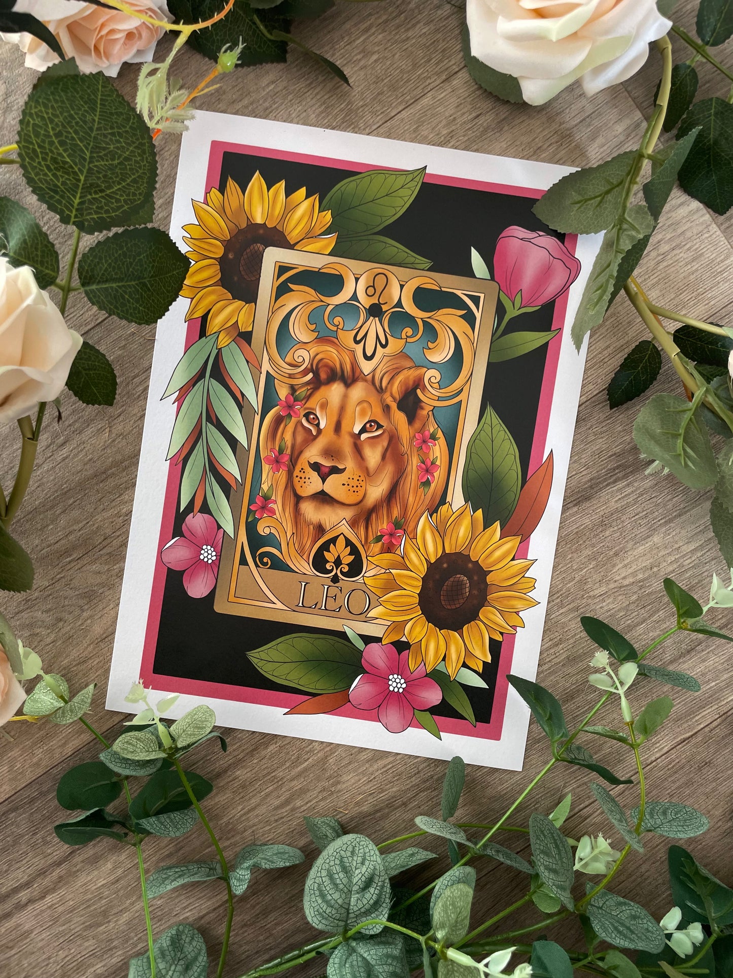 Zodiac Leo Tarot Card Neo Traditional Print Tattoo Style Star Sign Illustration