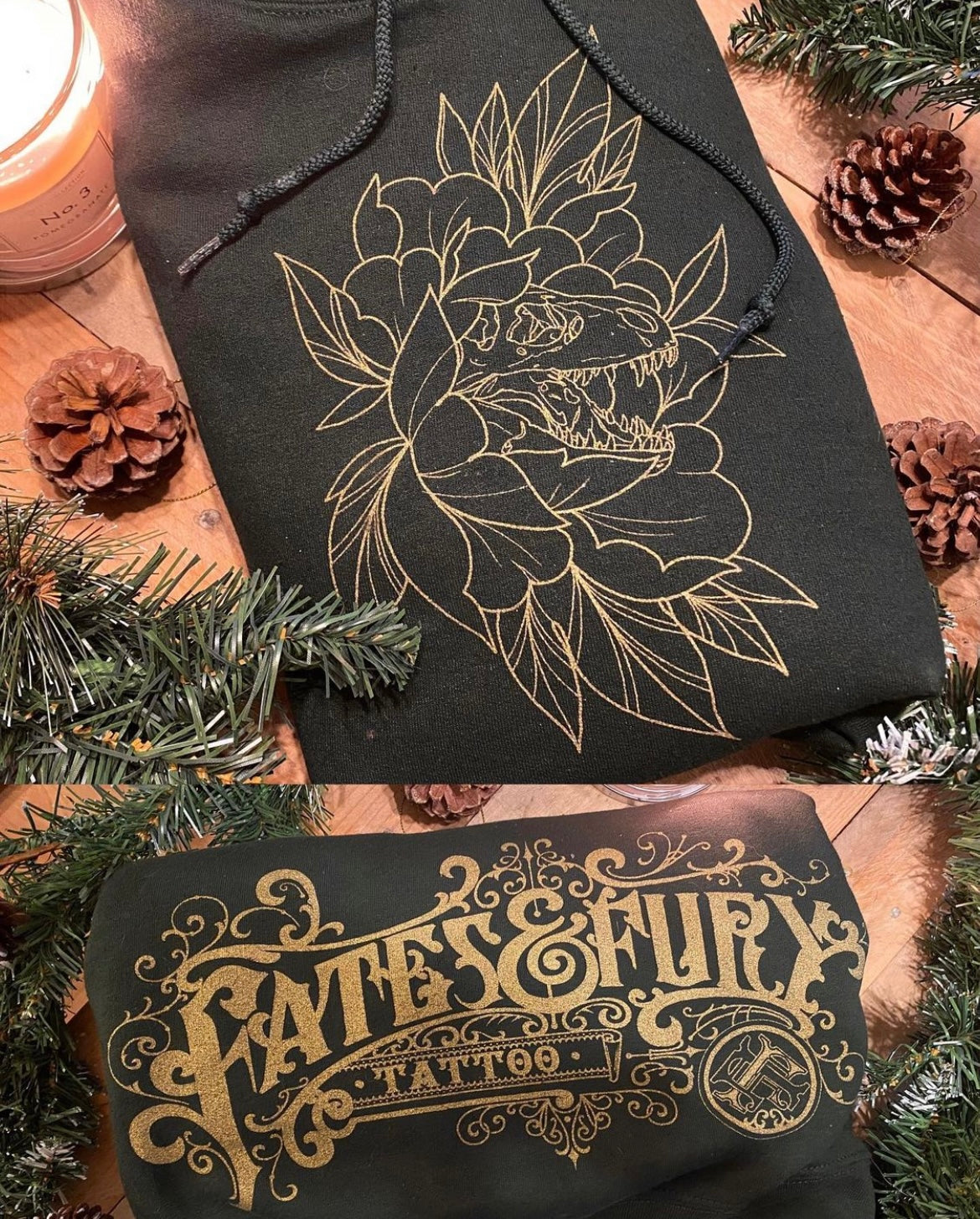Dino Peony Tattoo Cozy Hoodie Tattoo Style Clothing