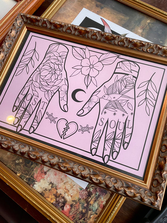 Classic Tattoo Style Hand Print Swallow and Rose Tattoo Flash