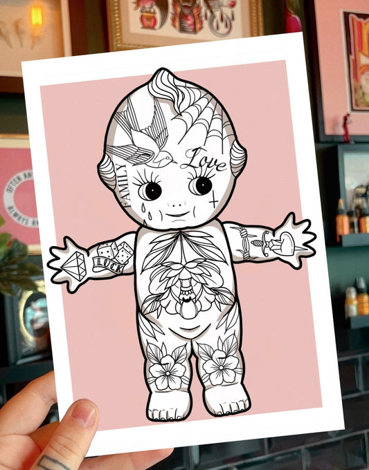 Traditional Kewpie Tattoo Style Print Illustration Cute Alternative Minimal Artwork