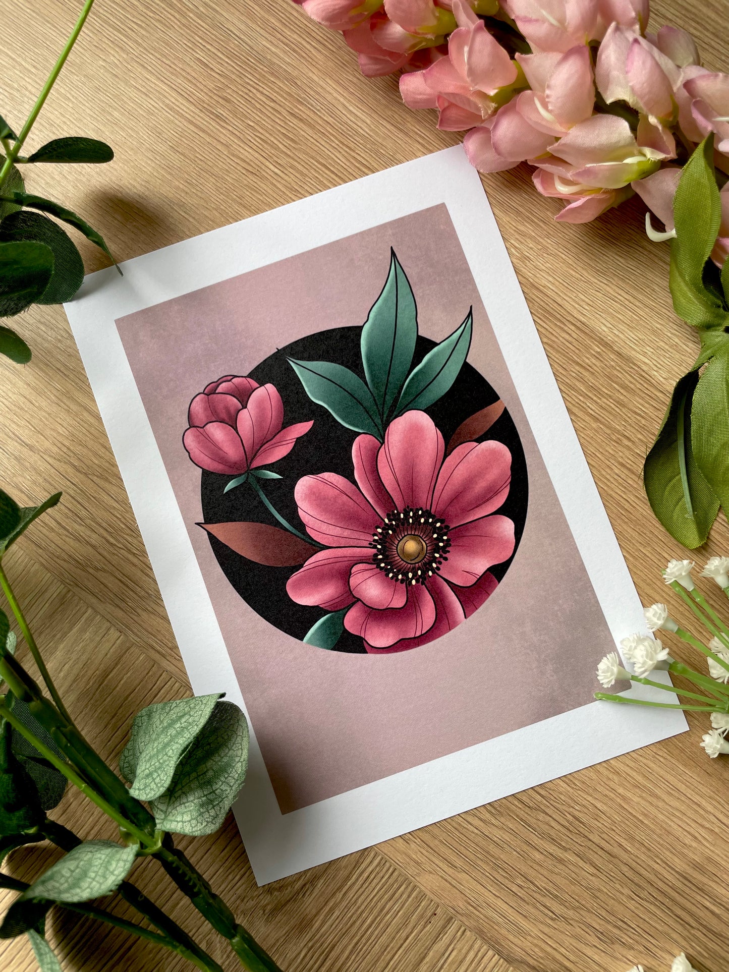 Tattoo Style Cute Butterfly and Flower Print
