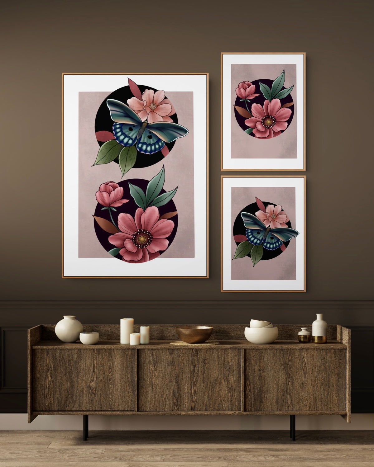Tattoo Style Cute Butterfly and Flower Print