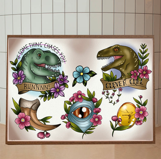 Tattoo Style Jurassic Park Art Prints