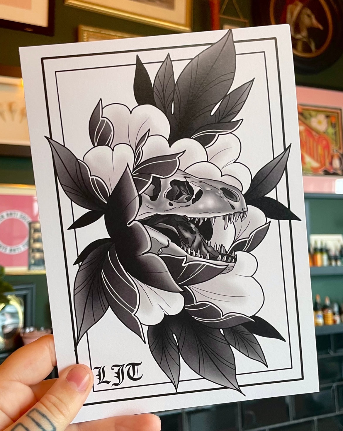 Dinosaur Peony Artwork Tattoo Style Print Of Floral Dino