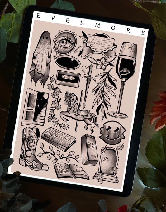 Taylor Swift Evermore Tattoo Style Flash Sheet
