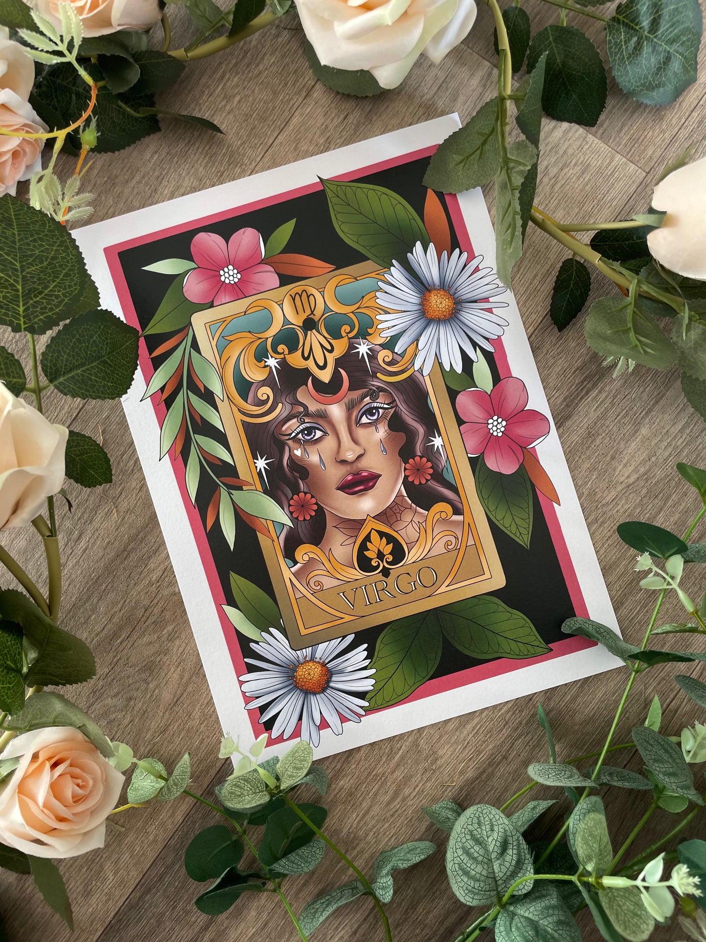 Zodiac Virgo Tarot Card Neo Traditional Print Tattoo Style Star Sign Illustration