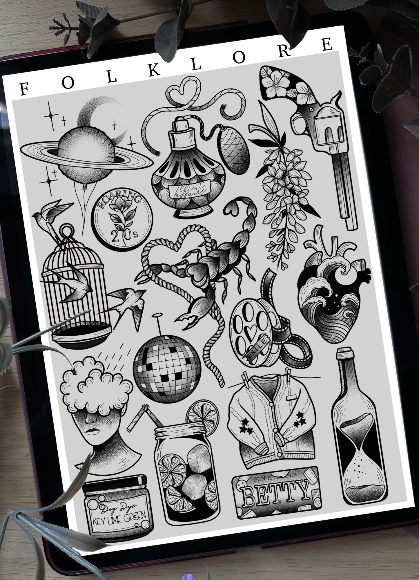 Taylor Swift Folklore Tattoo Style Flash Sheet