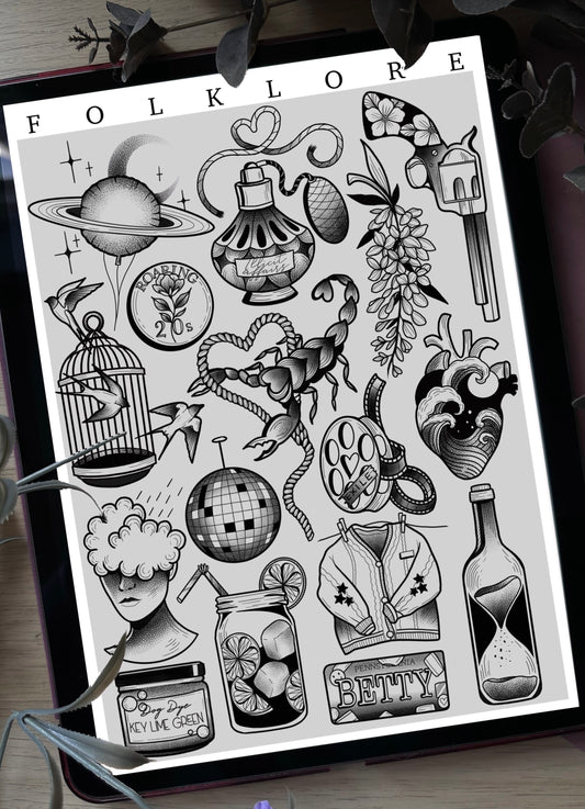 Taylor Swift Folklore Tattoo Style Flash Sheet